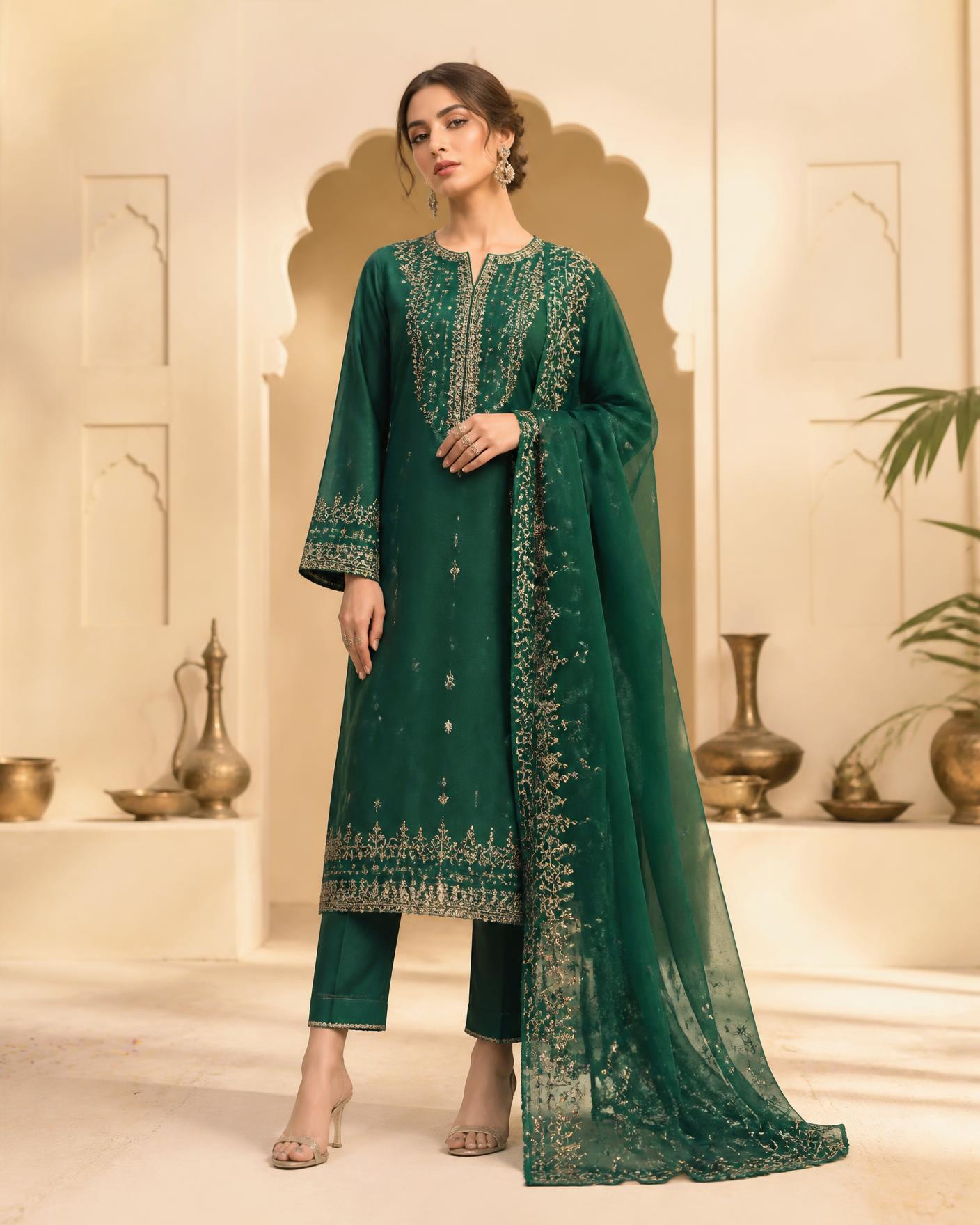 Model wearing an emerald embroidered Pakistani lawn suit from Pride of Pakistan